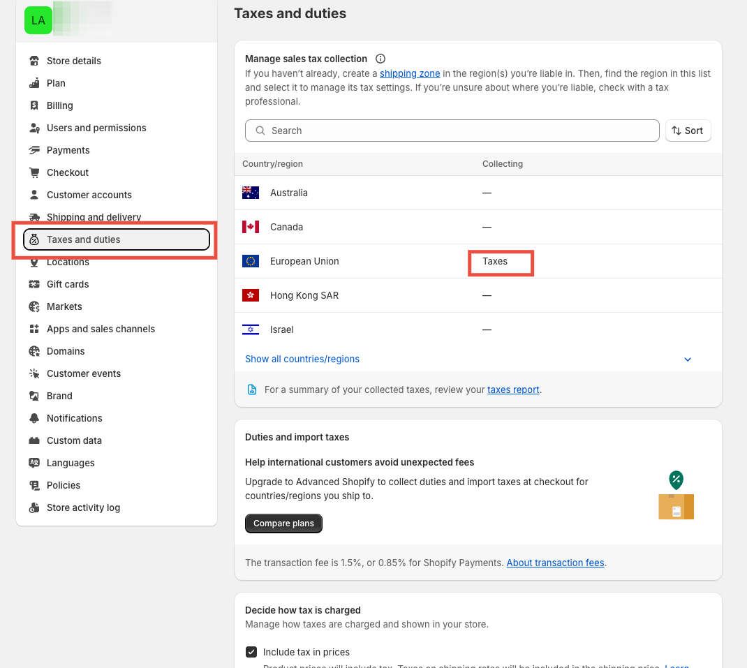 Google Chrome - Liwa.se AB · Taxes and duties · Shopify 2024-01-15 at 13.51.06.png